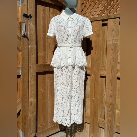 🆕 SELF-PORTRAIT 🧿 NWOT White Lace Peplum Belted Midi Dress, Sz UK 10 US 6 - Picture 2 of 16